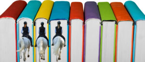white horses and their riders traveling on colorful books