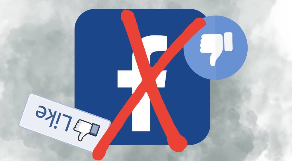 The facebook logo with a red X across it and an upside down like button and upside down thumbs up button on a background of storm clouds