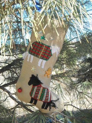 Two horses one white one black on a burlap stocking. They are wearing gay Christmas blankets.