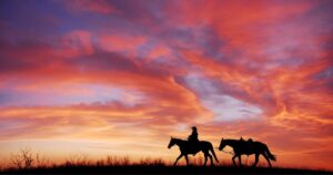 A beautiful red, lavendar, and yellow sky. A cowboy and two horses crossing the horizon