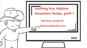 Drawing of Cowboy and a white board Write the historic American horse https://BarbaraEllinFox.com
