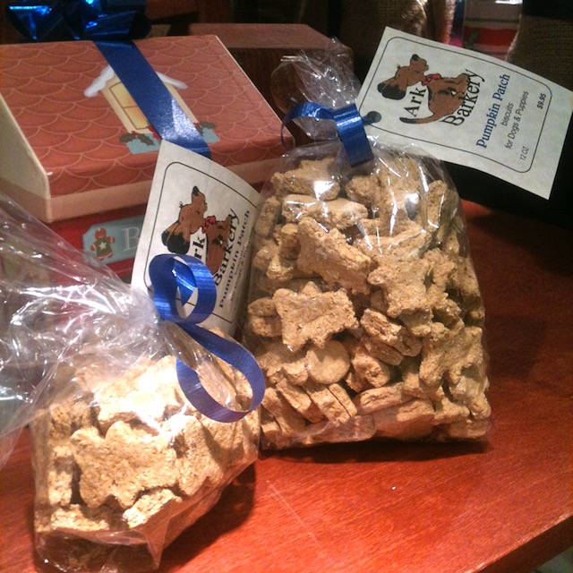 Two bags of ArkBarkery dog treats on a counter