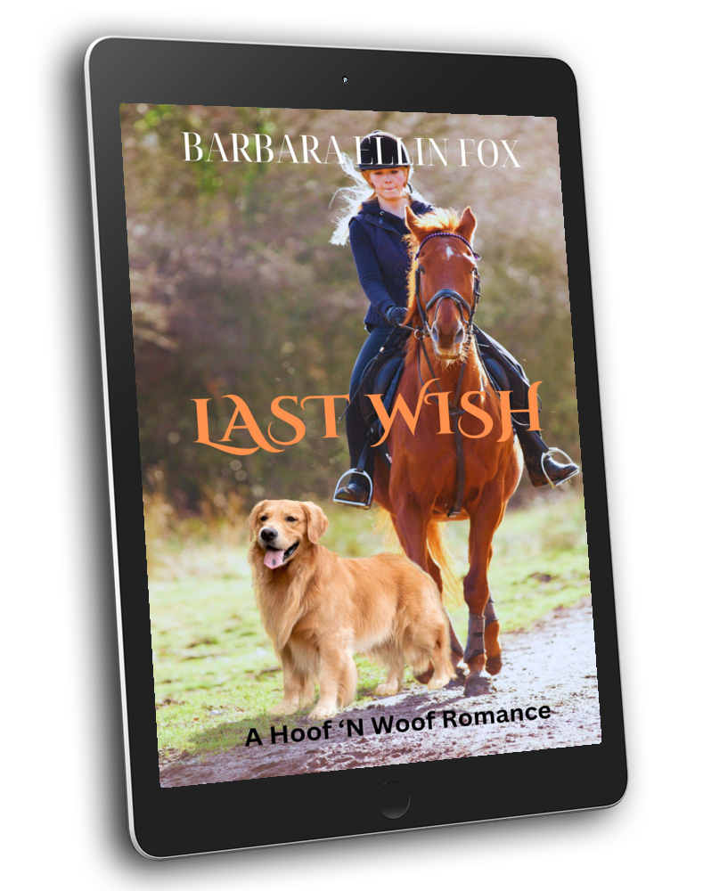 Cover of Last Wish. A girl on a chestnut horse and a tan dog
