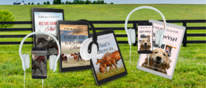 Four Book Covers against a back ground of green grass and a fence