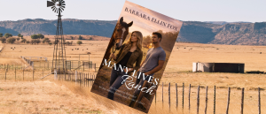 Background of Texas filed and Hills. The cover of Many Lives Ranch is on the top