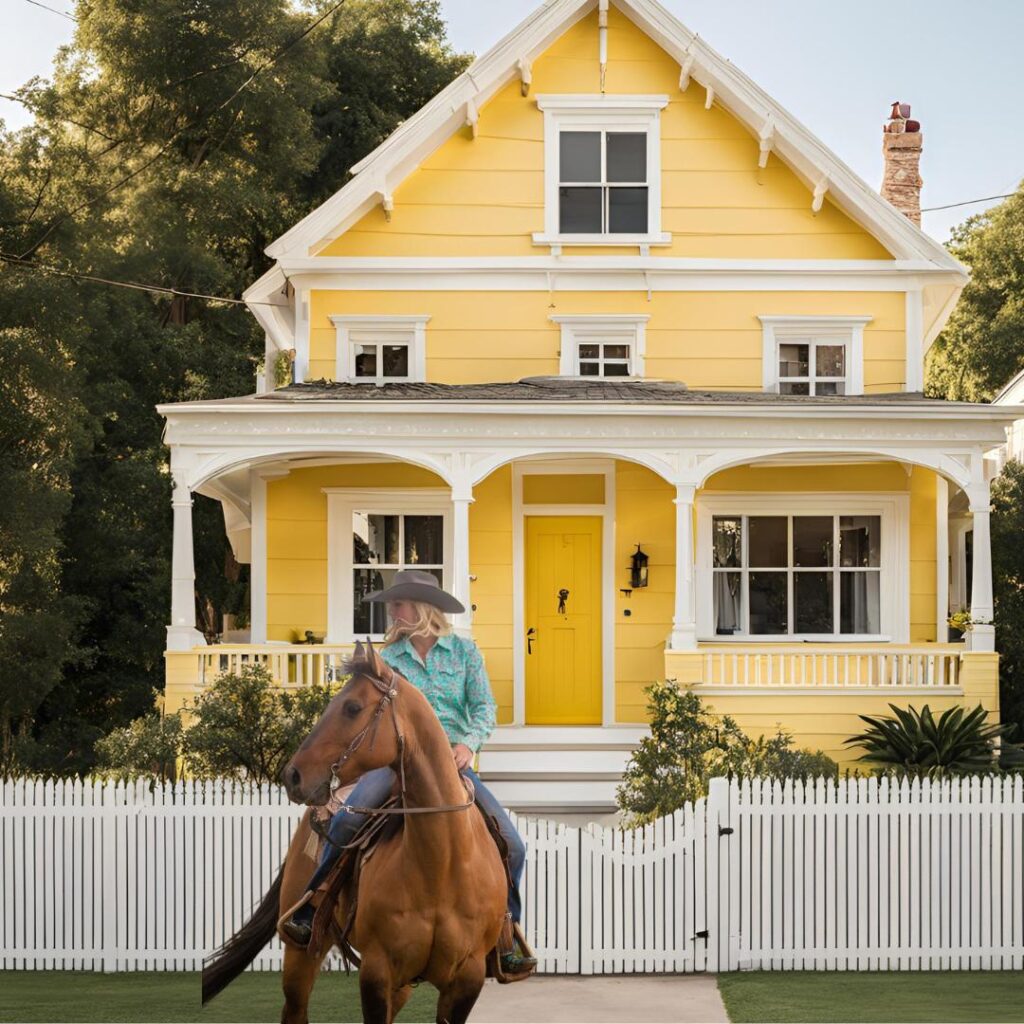 Yellow House with a horse. Many Lives Ranch