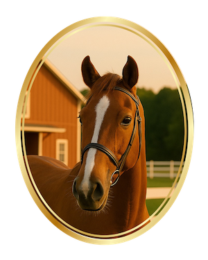 2 Bozzy, the refined chestnut pony from Meadow Lane Farm, grazing in front of the red barn at sunset.