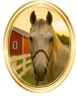 4 Bird, a dapple-gray Thoroughbred mare from If You Follow Your Heart, standing in front of the red barn at Meadow Lane Farm.