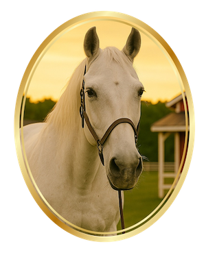 5 French Lace, the elegant white mare and matriarch of Meadow Lane, near the pasture fence at sunset.