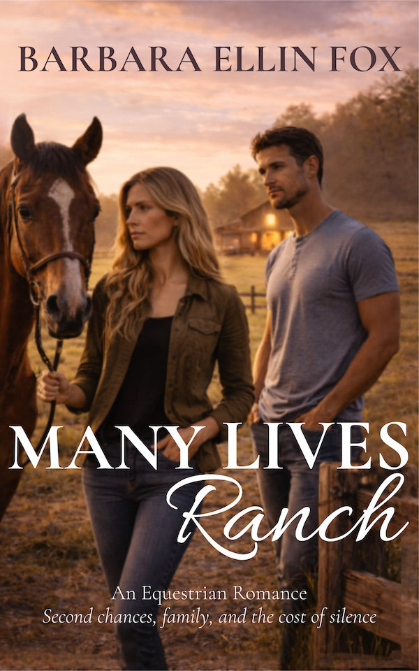 Book cover for Many LIves Ranch. A man, a woman, and a horse at twillight